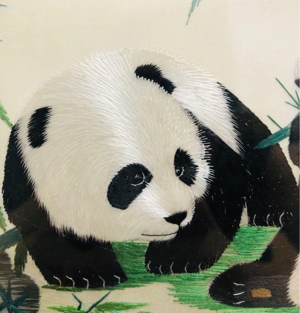 中国美術 熊猫蝙蝠紋樣 細工雙面蜀繍硯屏 置物 インテリア コレクション書