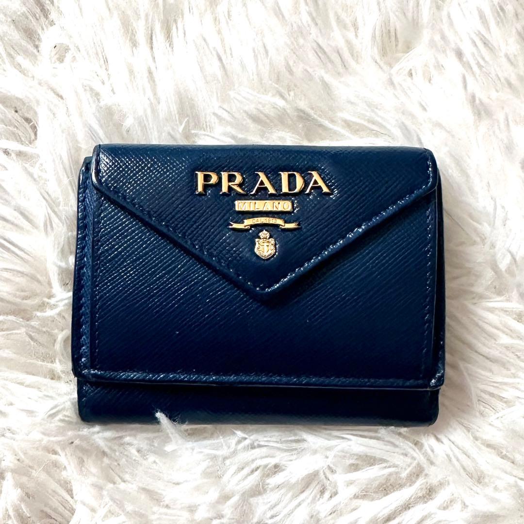 PRADA プラダ 三つ折り財布 サフィアーノレザー ネイビーブルー