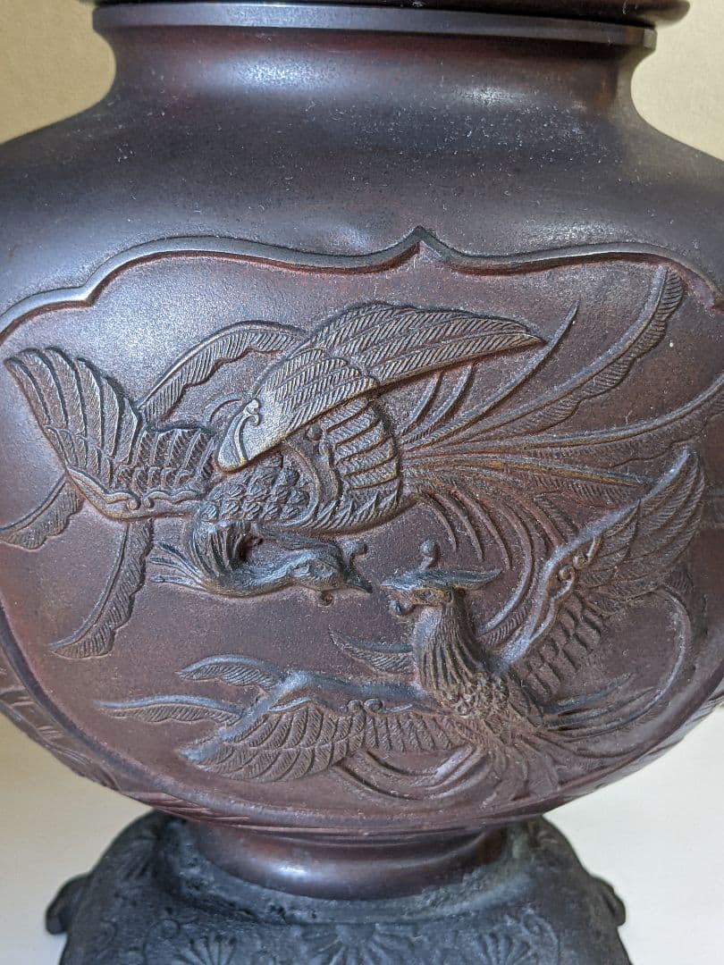 ♢高岡銅器 啓祐作 獅子飾り 鳳凰文 龍双耳 大香炉 唐銅