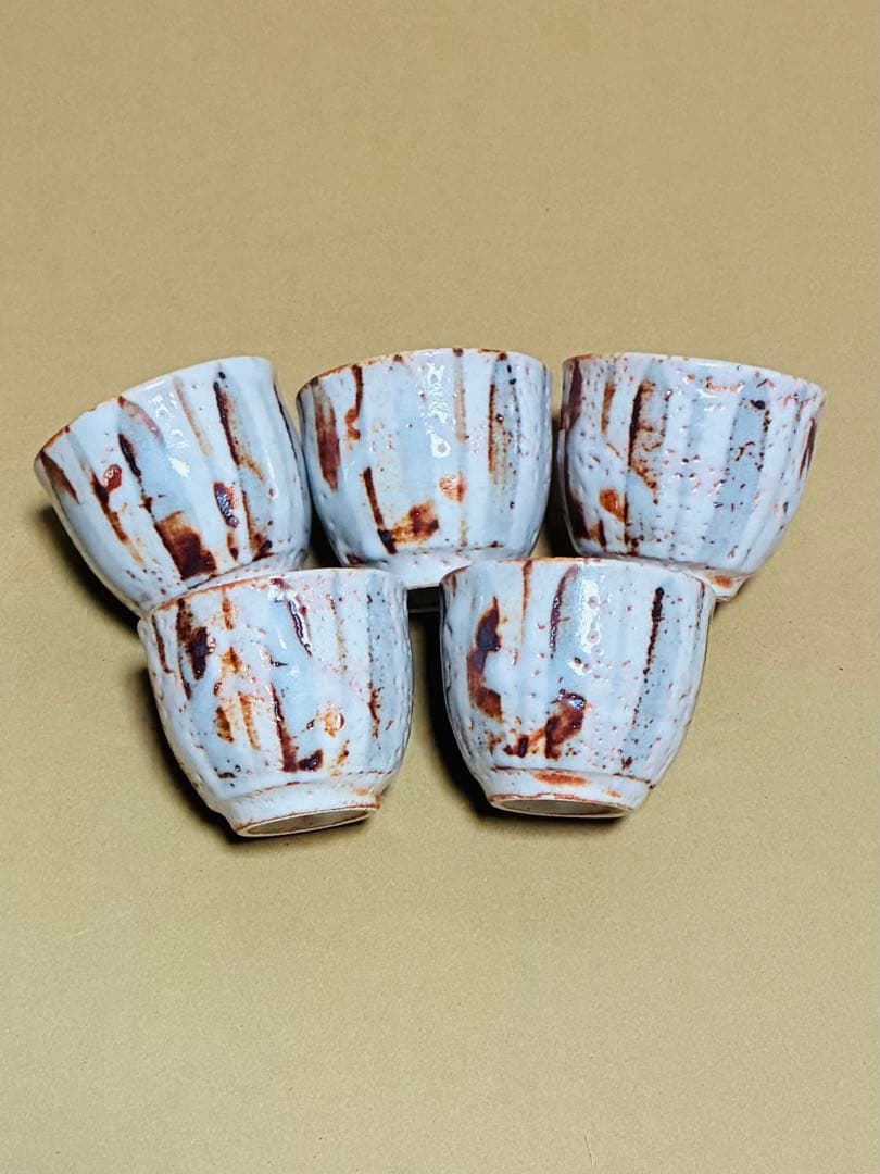 新品】美濃焼 志野焼 人間国宝 安藤日出武氏 陶器 湯呑み 5個