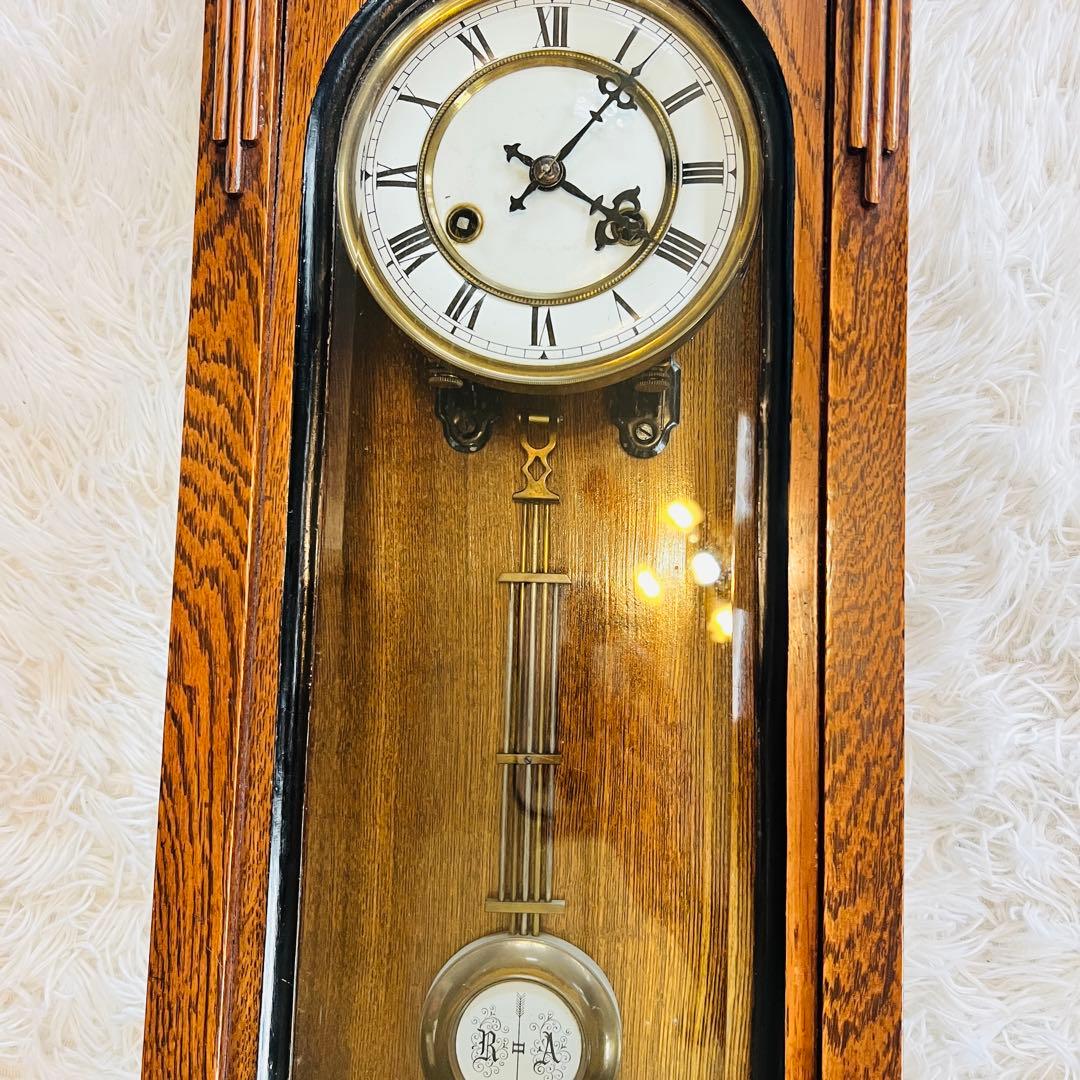 超希少 ゼンマイ式掛け時計 アンティーク 振り子時計 木製 ホーロー