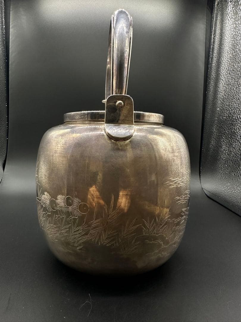 純銀 銀瓶 水差 大水指 彫刻 片切彫 箱あり 1201g 骨董