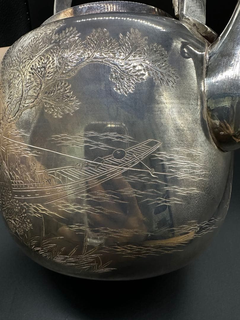 純銀銀瓶水差大水指彫刻片切彫箱あり1201g 骨董古美術