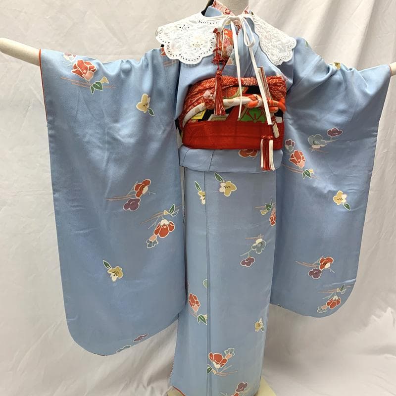 511ag78□七五三 七歳 女児 着物&袋帯 金彩 梅 水色□状態良好