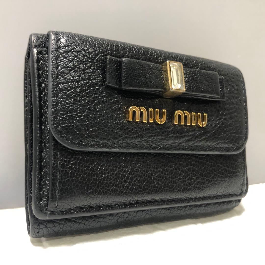 MIUMIU(ミュウミュウ)三つ折り財布 リボン クリスタル ブラック レザー