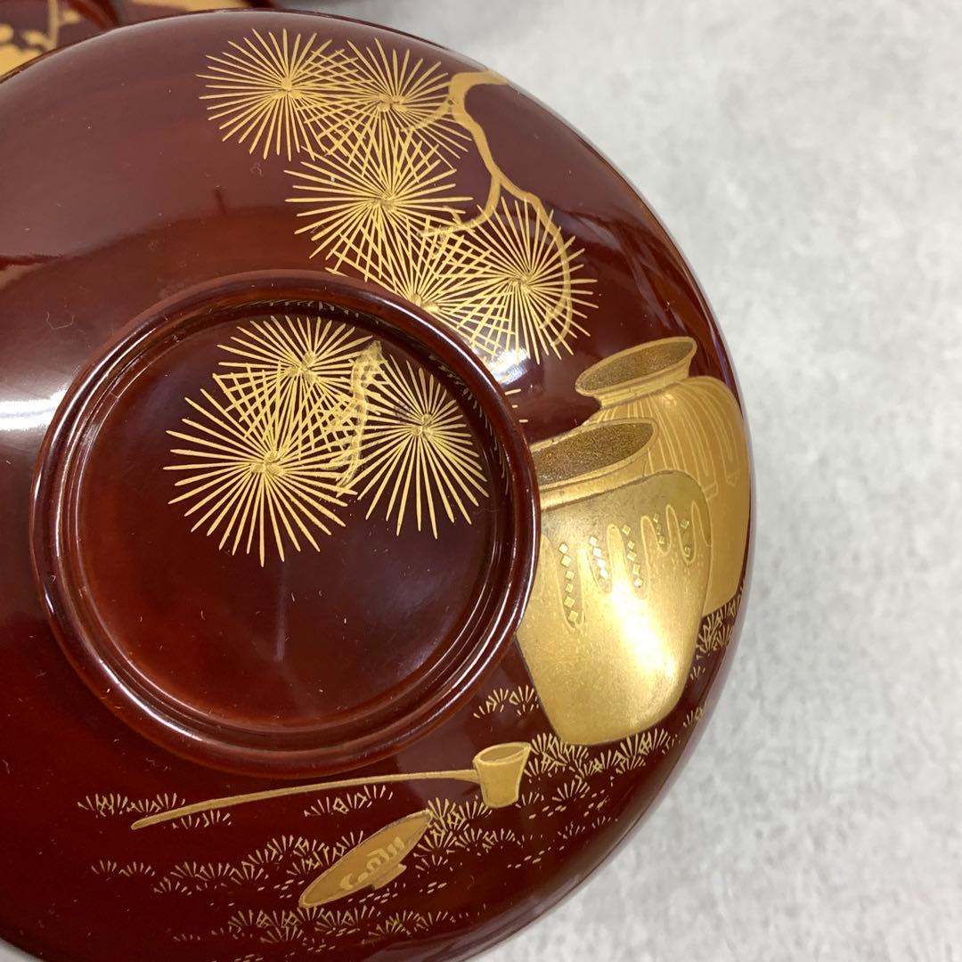 吸物椀 5客 絵変わり 塗り 溜絵 正月 賀正 金彩 汁椀 雑 C