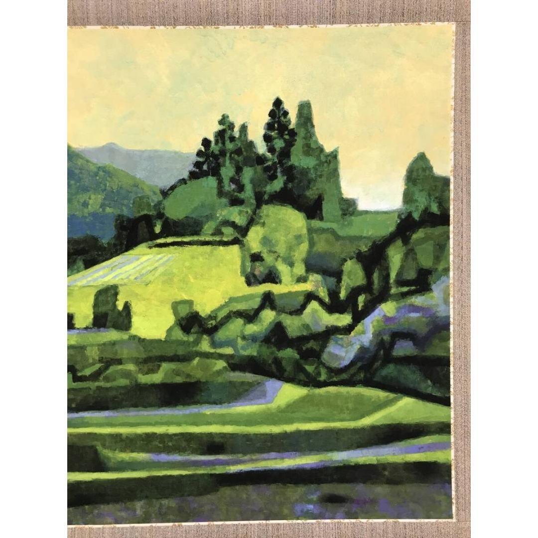 真作/山本知克/新緑風景図/山水図/横物/春/岩絵の具/掛軸