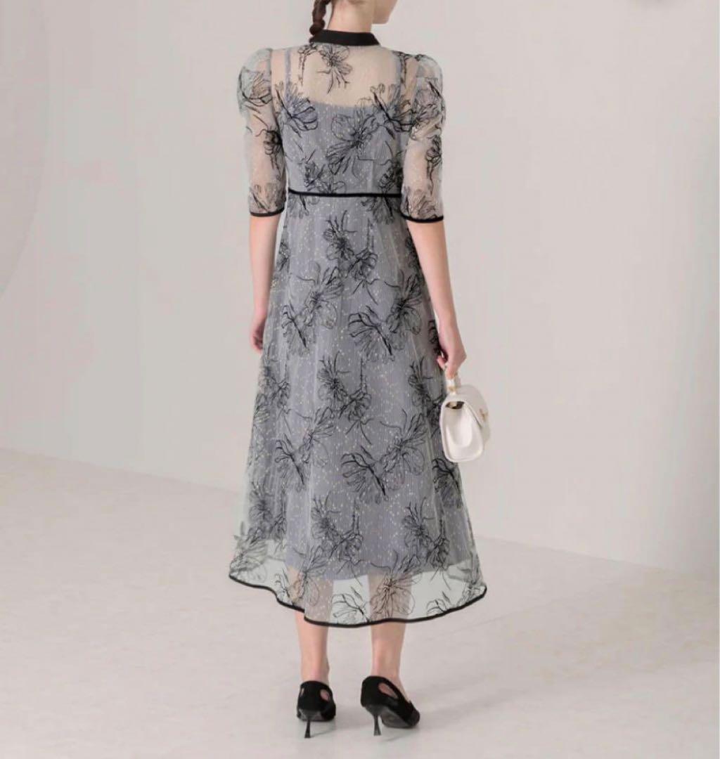 LEJA-配色パイピングプチハイネック花柄刺繍ラメレースロング丈ドレス