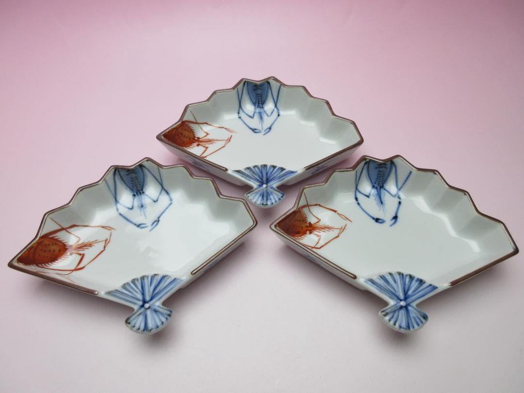 おまとめ 九谷 上出長左衛門 扇形 海老紋 向付 5客 TN 103