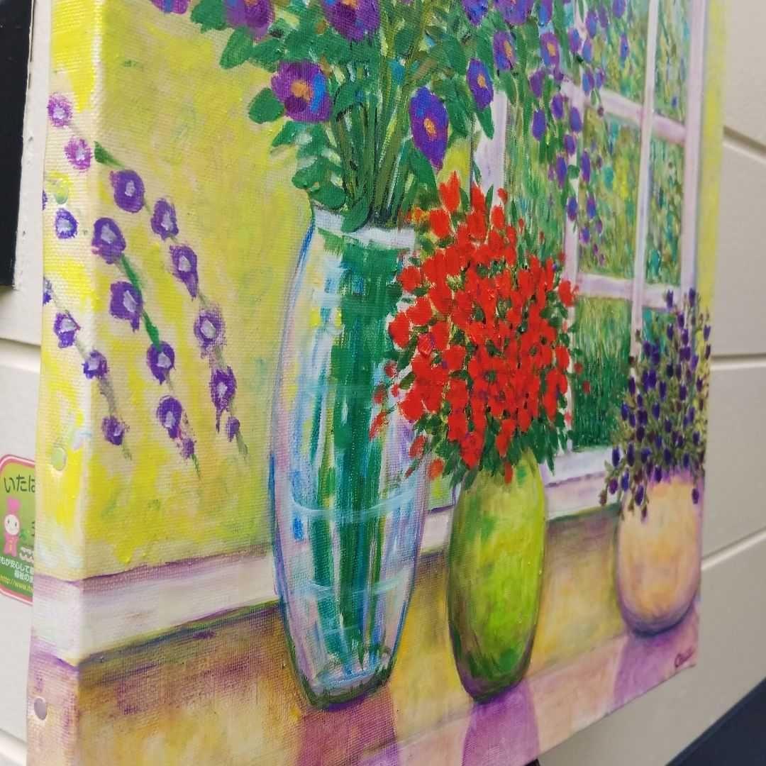 油絵 窓辺に並べたお花 大きめキャンバス