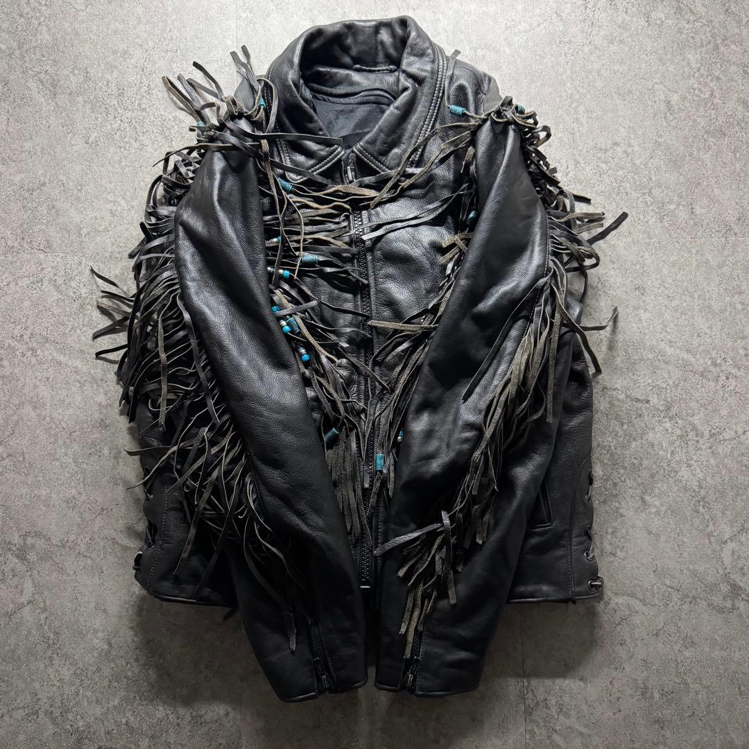 希少】ライダースジャケット L フリンジ ギミック ペイント コンチョ