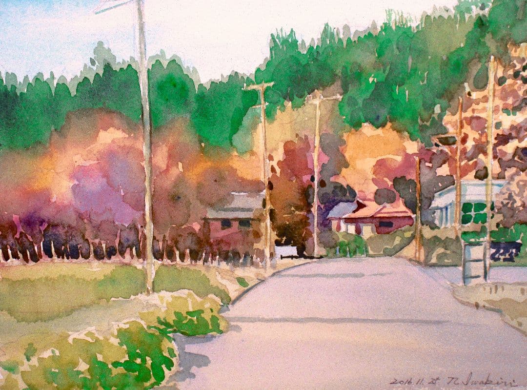 水彩画「秋の里山」