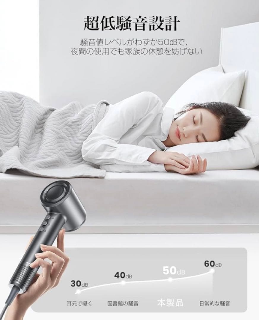 ドライヤー】高濃度マイナスイオン マグネット式ノズル付き（グレー）