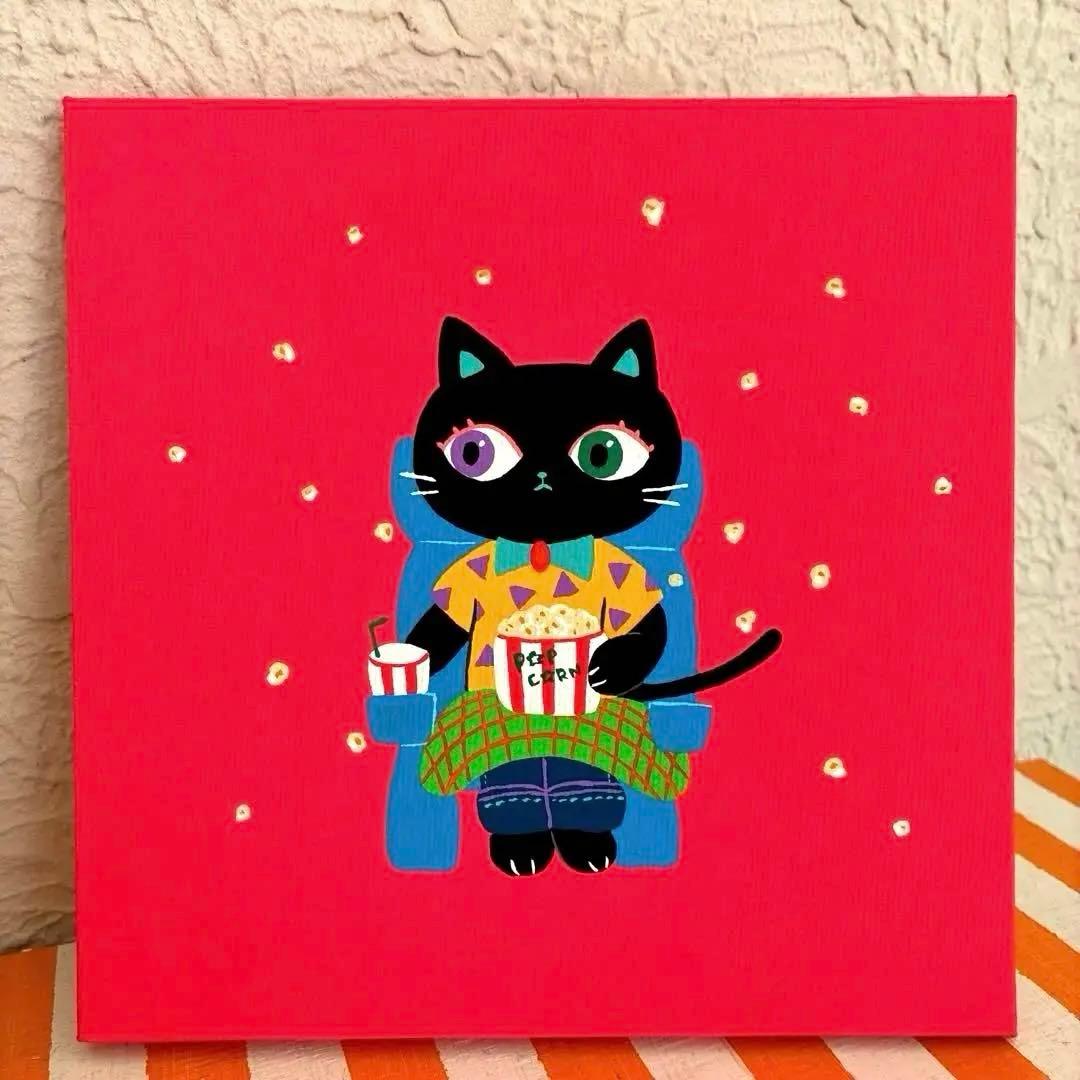 はじけるポップコーン 猫 アクリル画 原画 キャンバスアート 手描き