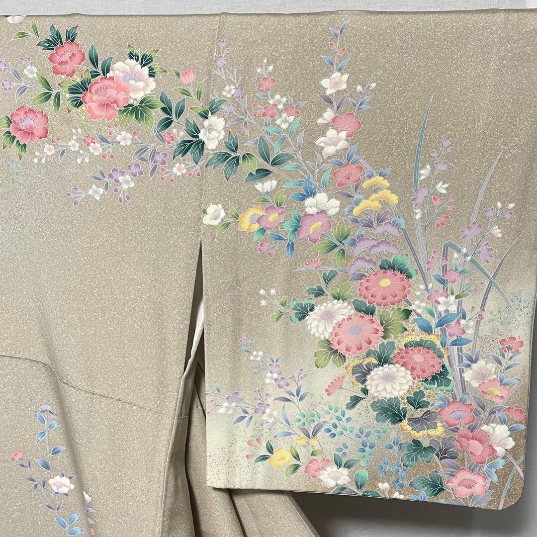 D606 訪問着手描き友禅花模様正絹着物袷極美品