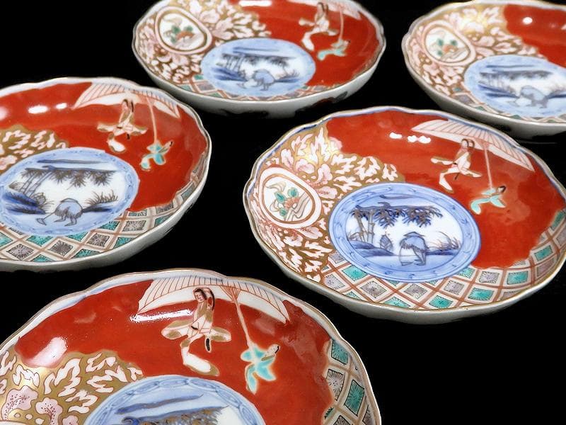 古伊万里　色絵　傘美人に筍掘りの図　４寸皿　５枚　A697AS-BZq