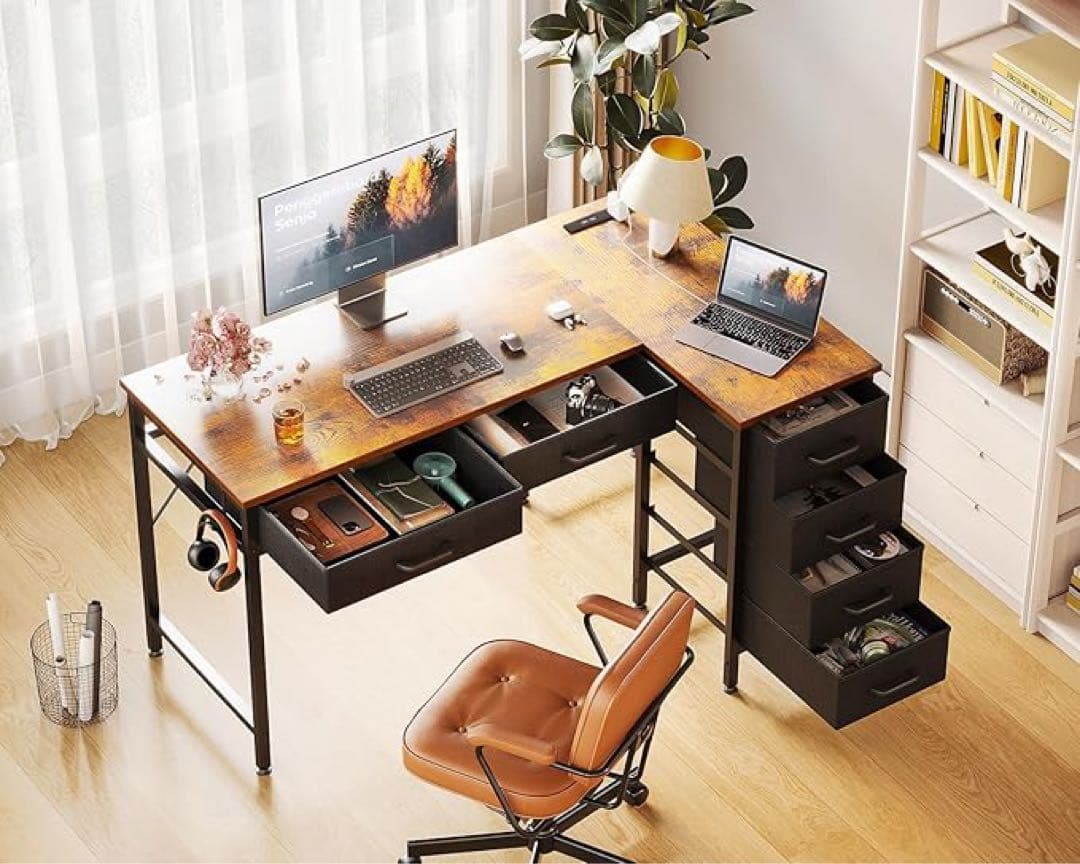 12/16迄L字デスク 引き出6杯付き 幅106cmコンセント付き 右棚左棚