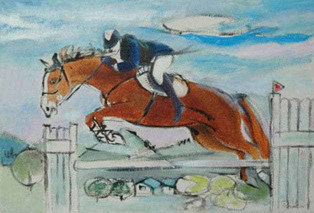 油絵 菅家令子 絵 絵画インテリア額付(青緑＋金色の枠) F4-121712乗馬