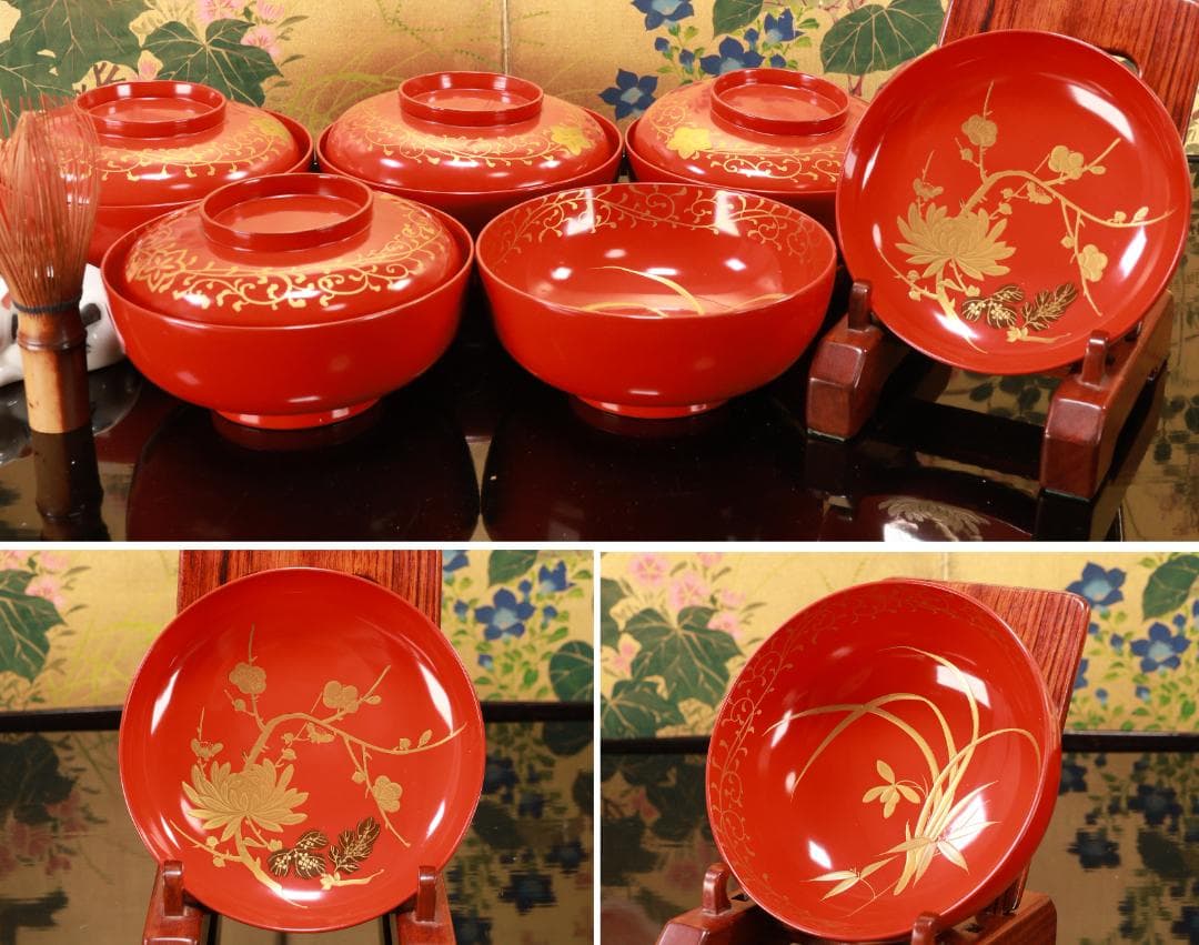 時代漆器 輪島塗 四君子蒔絵 吸物椀 五客 木製 BJ120