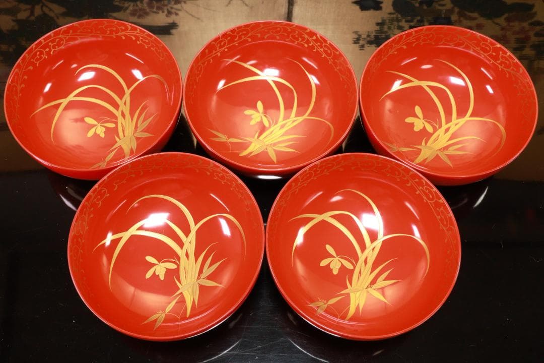 時代漆器 輪島塗 四君子蒔絵 吸物椀 五客 木製 BJ120