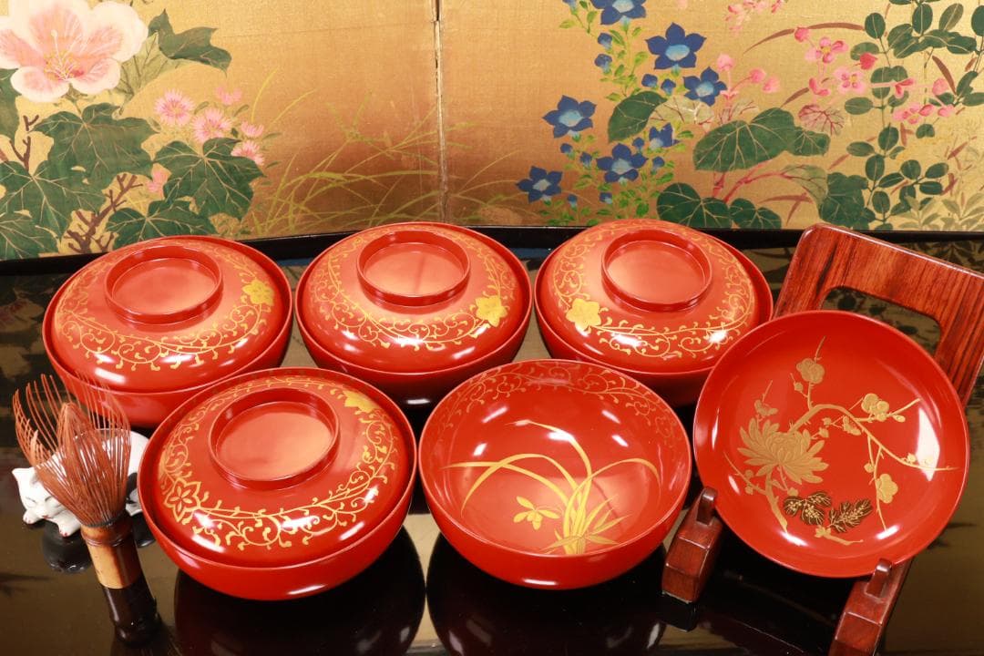 時代漆器 輪島塗 四君子蒔絵 吸物椀 五客 木製 BJ120 江戸時代 輪島塗