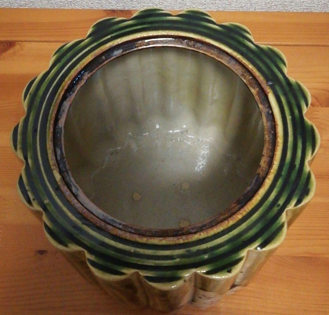 長谷川青峯作 織部焼 輪花 水指 共箱 茶道具