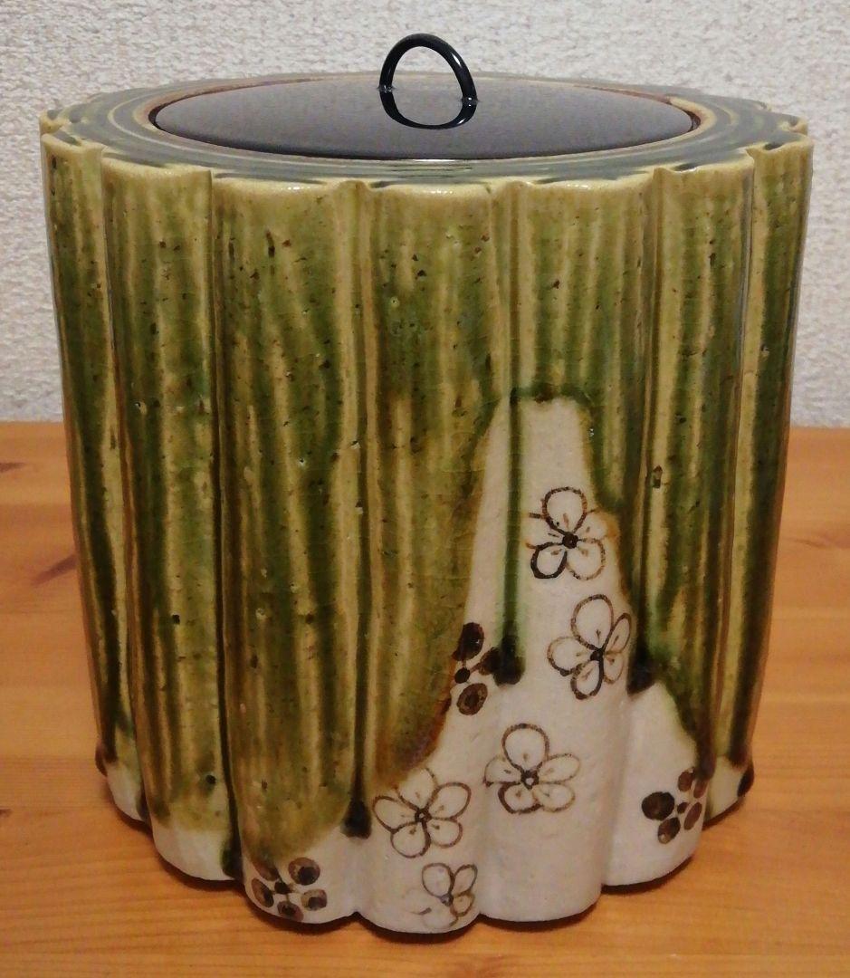 長谷川青峯作 織部焼 輪花 水指 共箱 茶道具