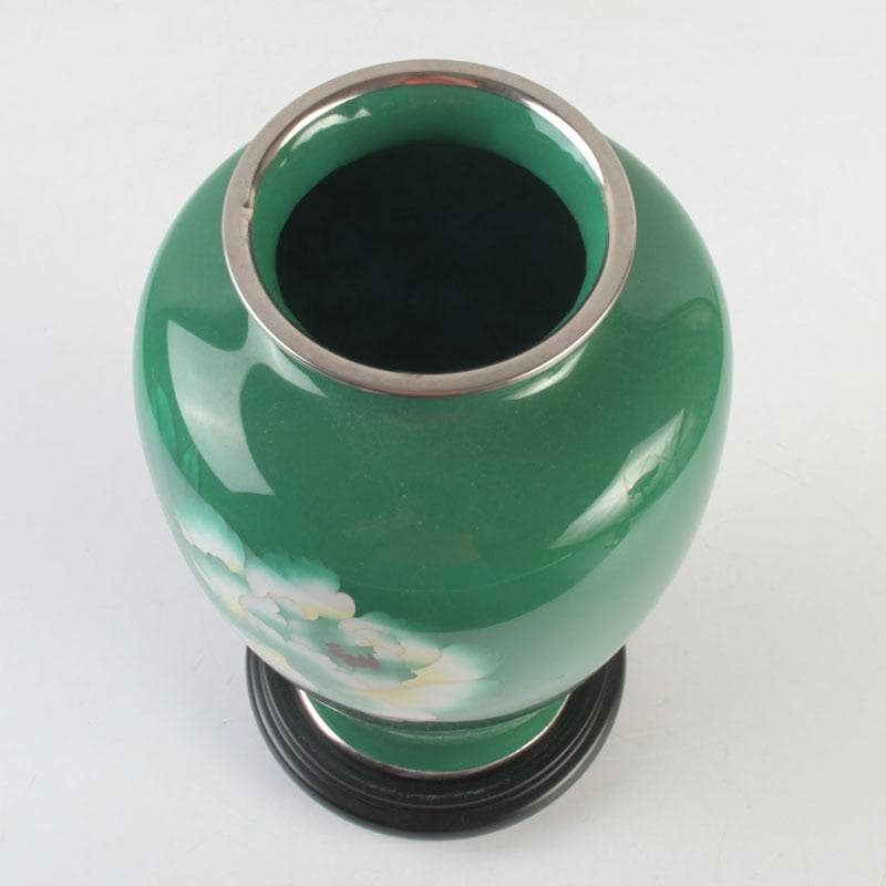 七宝焼 緑釉 牡丹文 花瓶 唐木台付 V 9324