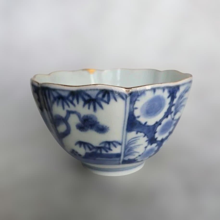 古伊万里　染付　向付　雪輪　芙蓉手　江戸時代　酒器　アンティーク　金継ぎ　金直し