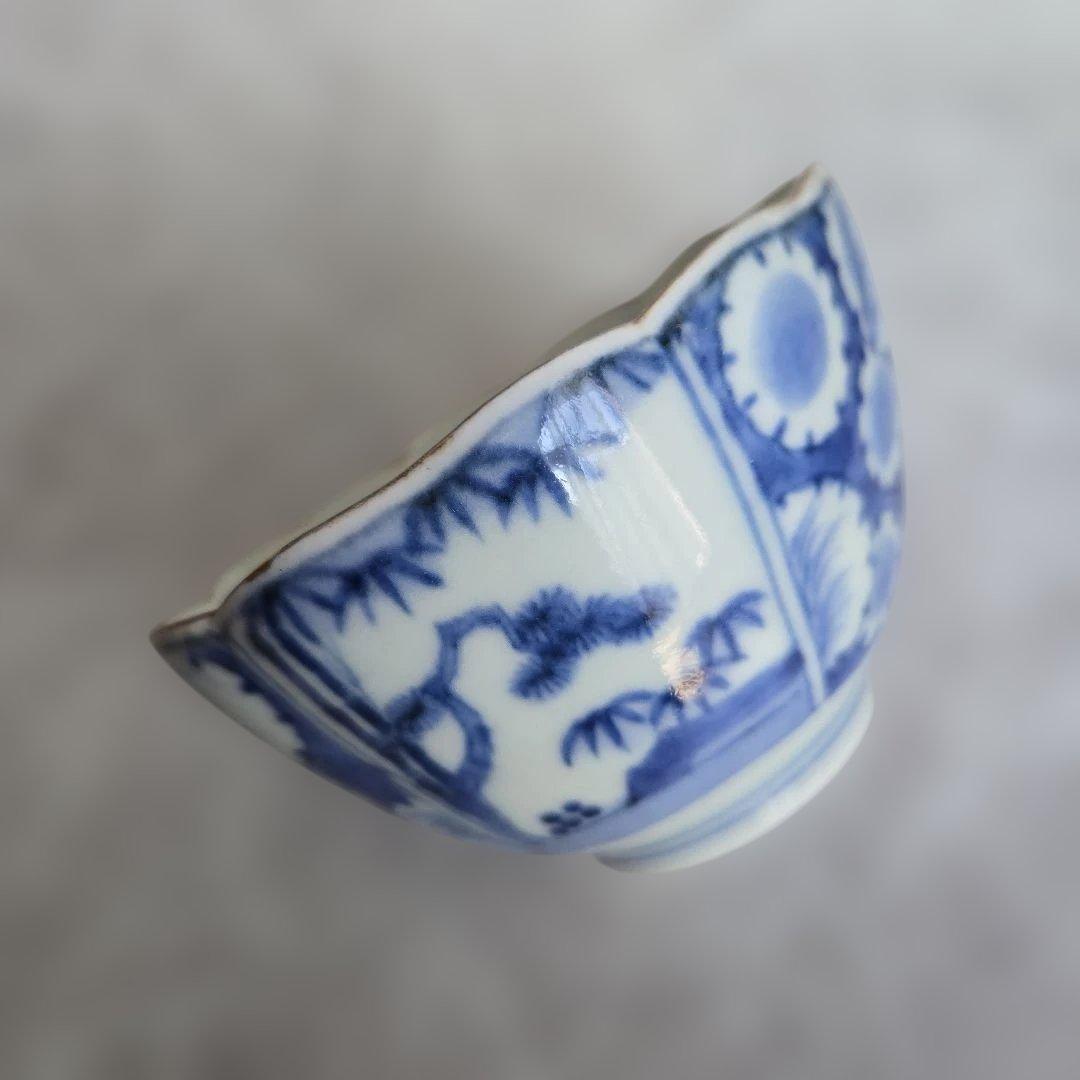 古伊万里　染付　向付　雪輪　芙蓉手　江戸時代　酒器　アンティーク　金継ぎ　金直し