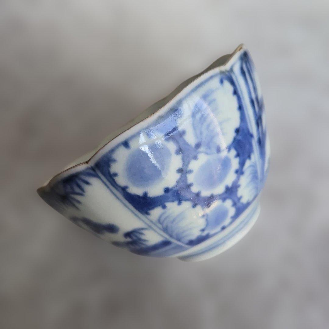 古伊万里　染付　向付　雪輪　芙蓉手　江戸時代　酒器　アンティーク　金継ぎ　金直し