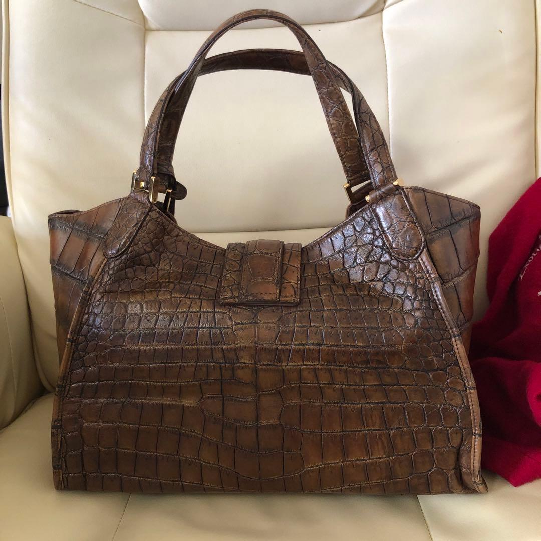 レザージュエルズ マットクロコダイル ハンドバッグ モデルT ブラウン