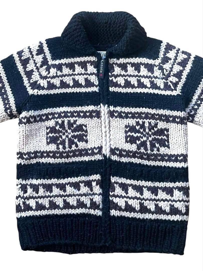 ▪️カナダ製Kanataカナタ ネイティブ柄カウチンニットカーディガンM黒