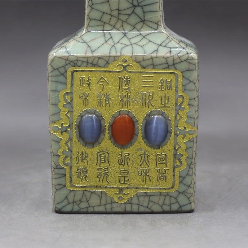 宋代兄窯開片金象嵌宝石象耳四方瓶景徳鎮 陶磁器 装飾品 現代工芸品