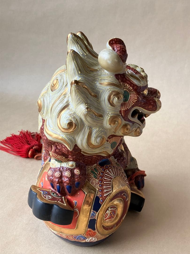 九谷焼 打ち出小槌唐獅子 狛犬 色絵金彩 縁起物 厄除 退魔 置物 高さ