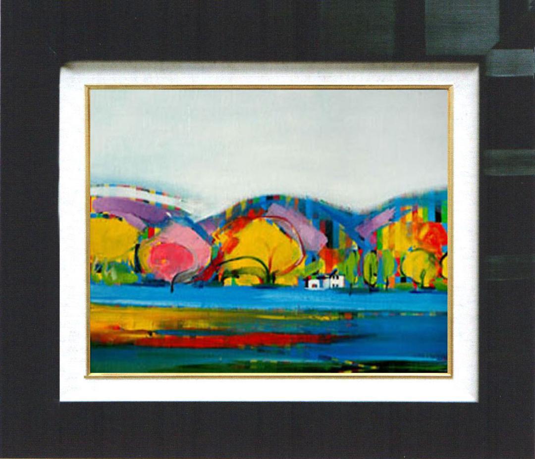 油絵 菅家令子 絵 絵画インテリア額付(青緑＋金色の枠)uF6-081811風景