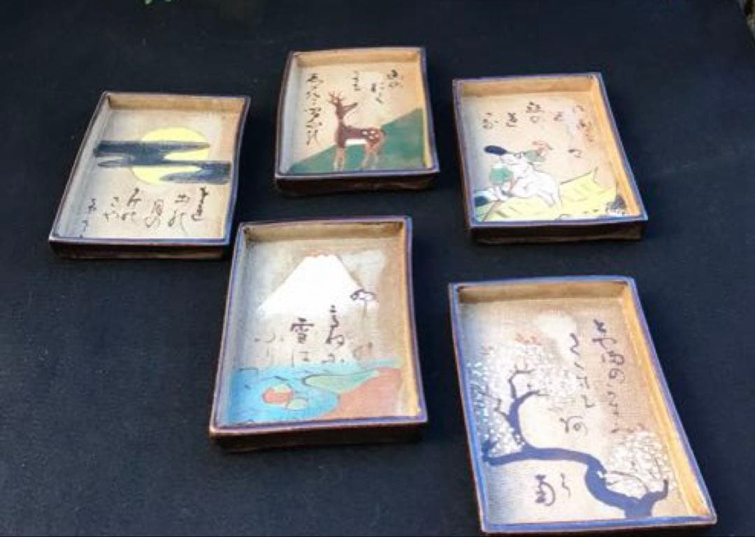 乾山　かるた　皿　共箱付き　角皿　豆皿　日本の伝統的な絵皿5枚セット