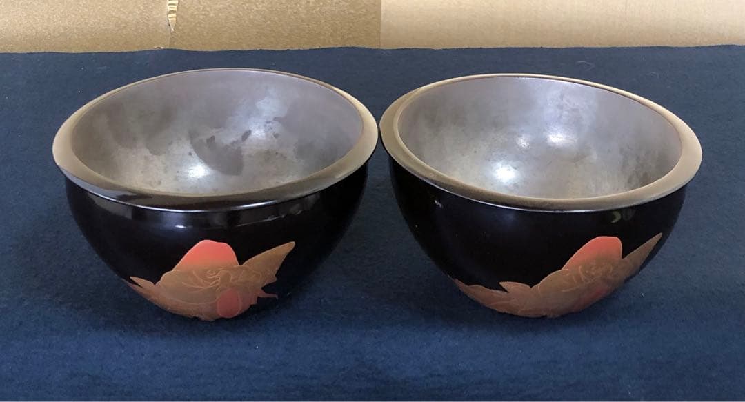 《R》懐石 酒器 蒔絵付 盃洗2客 深鉢 木製漆器 時代　250731F3