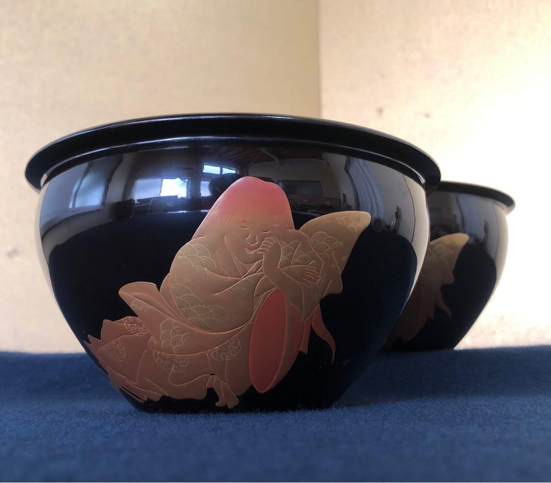 《R》懐石 酒器 蒔絵付 盃洗2客 深鉢 木製漆器 時代　250731F3