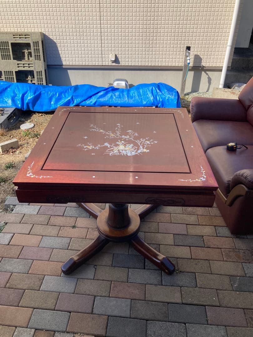 アンティーク　螺鈿ダイニングテーブル　正方形　一本脚　850×850