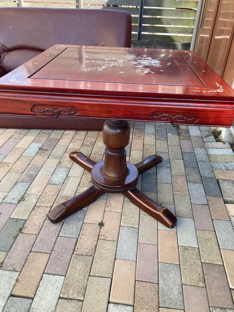 アンティーク　螺鈿ダイニングテーブル　正方形　一本脚　850×850