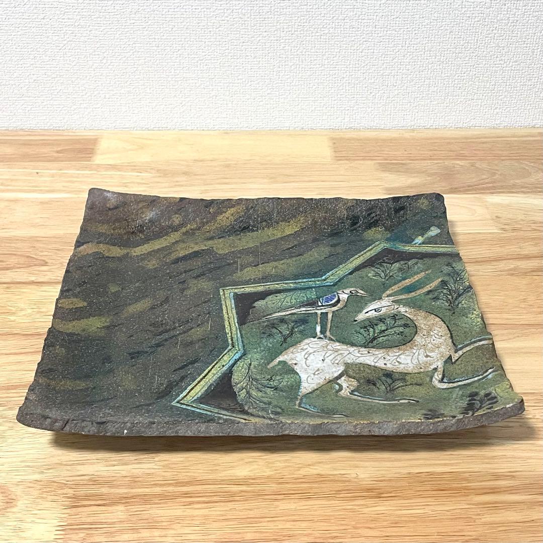山本長左 九谷長左 飾皿 角皿 九谷焼 鹿に鳥図 九谷焼