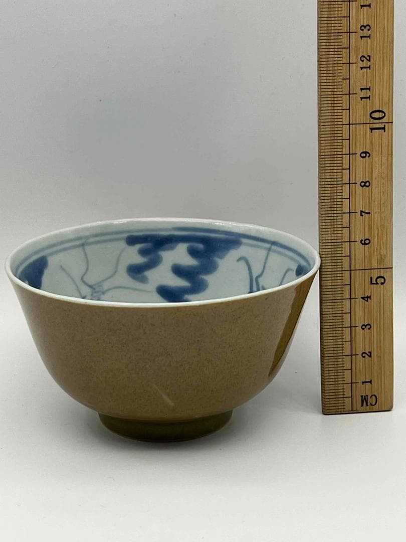 清光緒時代 紫金釉青花草虫文杯 压手杯 茶道具 茶杯 盃 煎茶