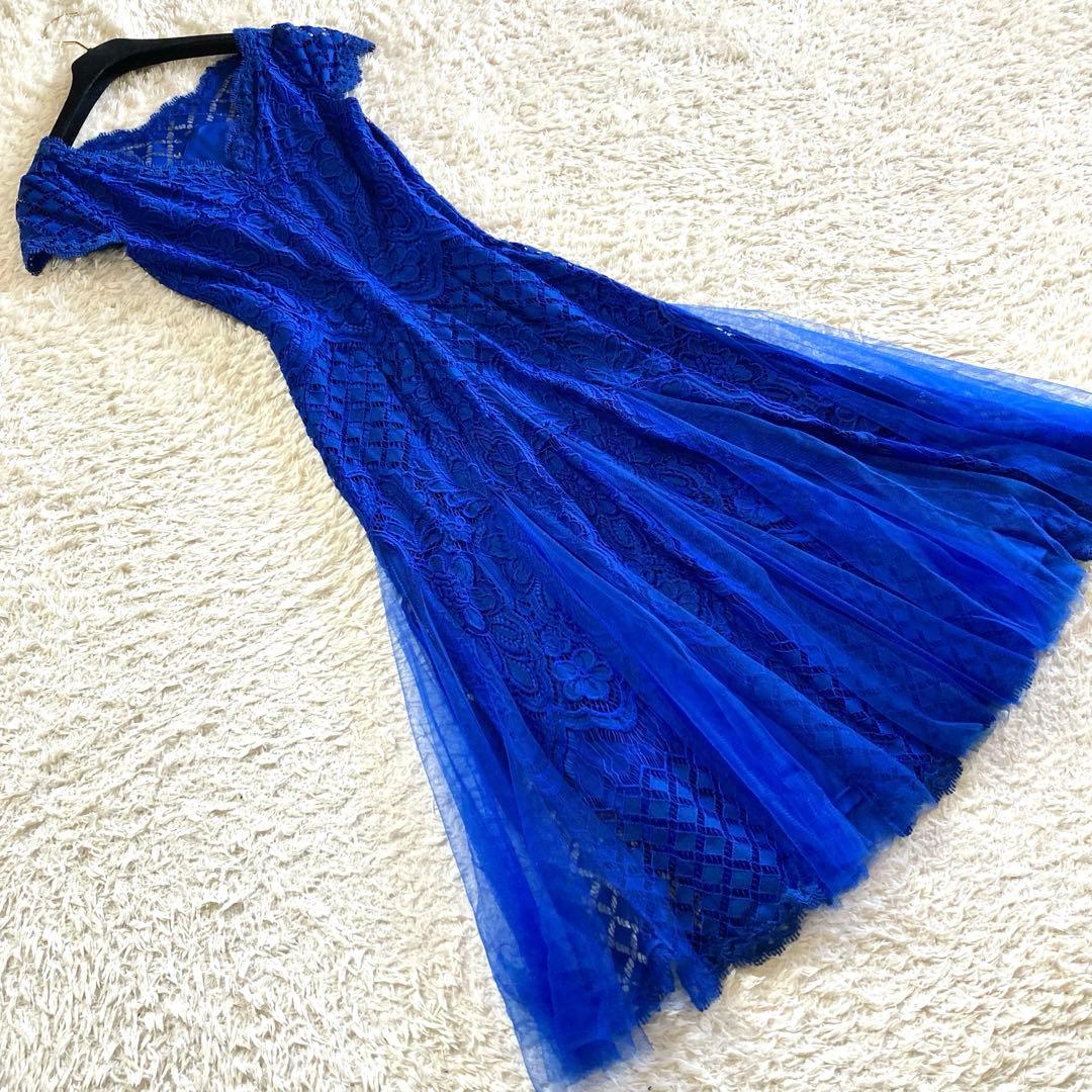 【美品】タダシショージ ロイヤルブルー フラワーレースワンピース カクテルドレス