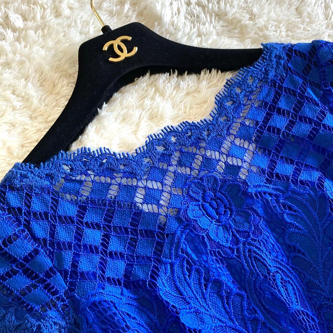 【美品】タダシショージ ロイヤルブルー フラワーレースワンピース カクテルドレス