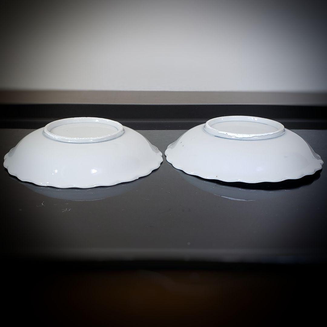 印判　皿　2枚　山水　書　明治　大正　昭和初期　欠け