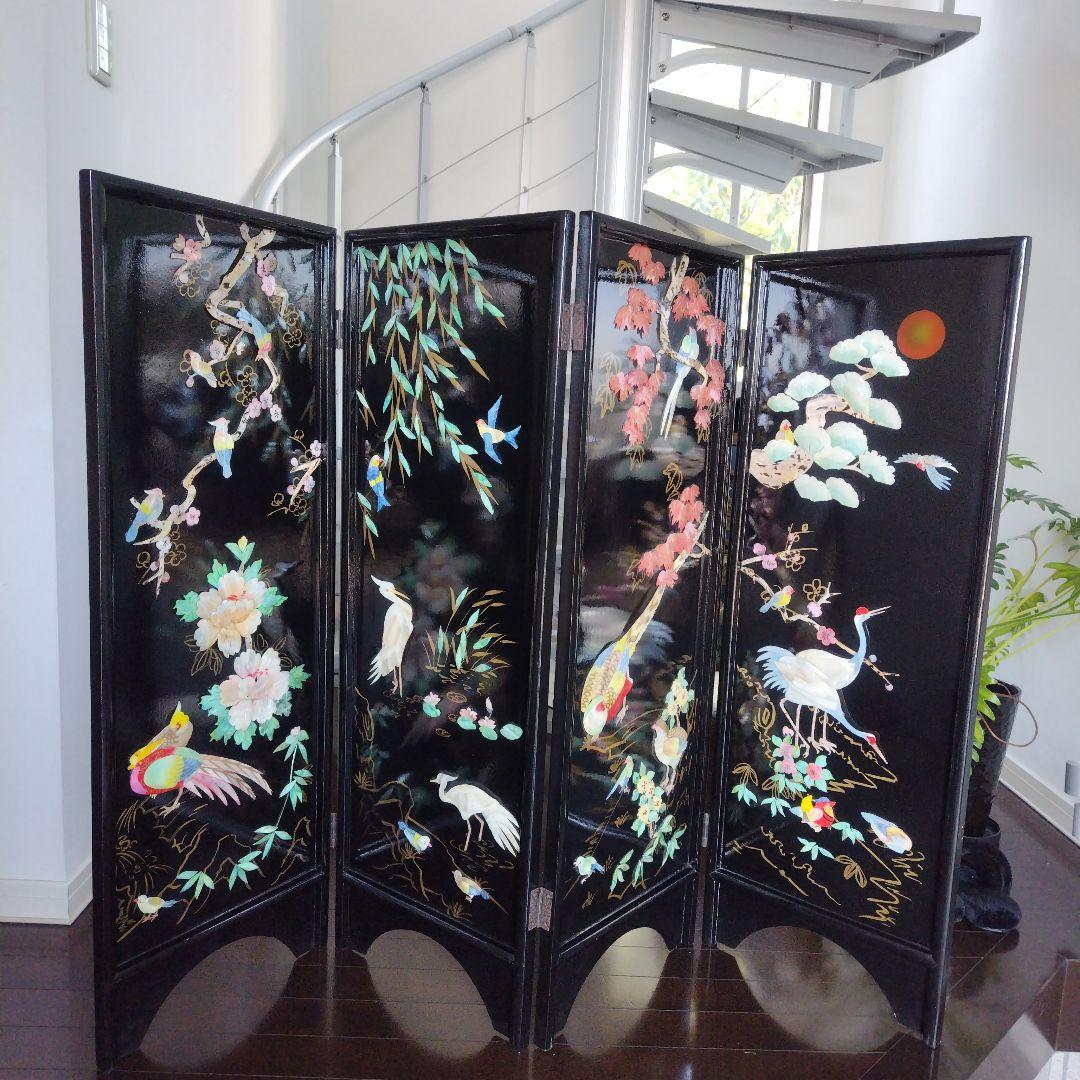 美品！骨董品 アンティーク 漆塗り 艶やか貝細工 花鳥風月