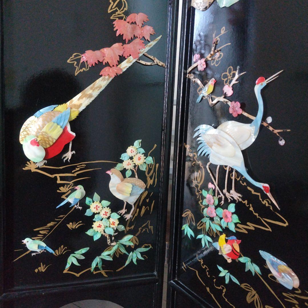 美品！骨董品 アンティーク 漆塗り 艶やか貝細工 花鳥風月