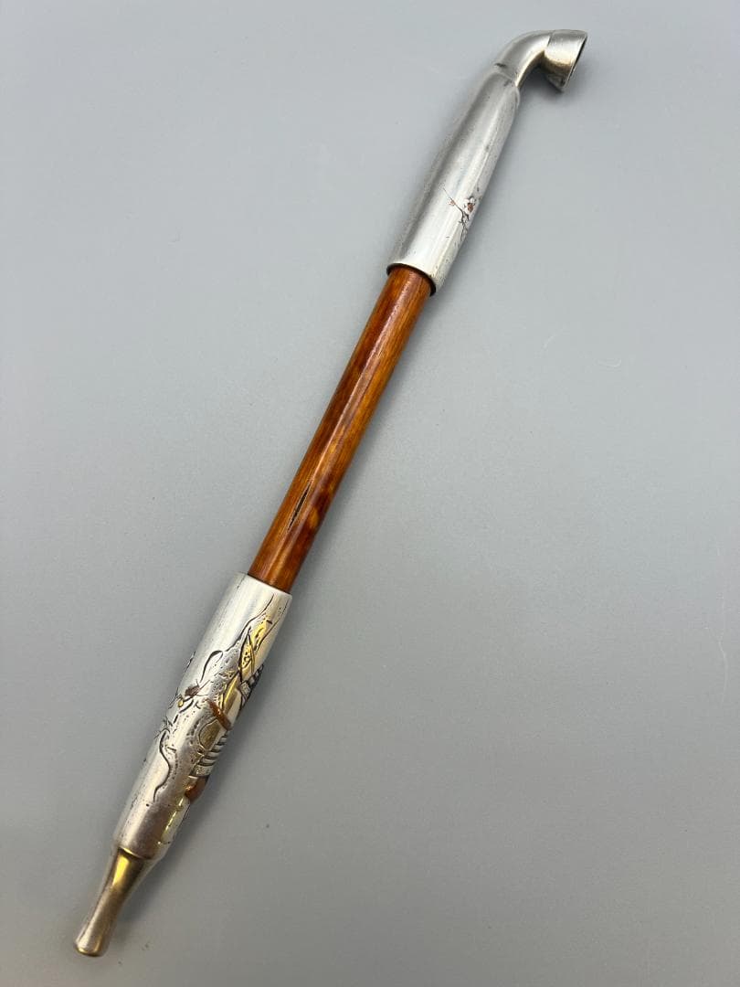 eee”即購入ok 銀煙管　武士梅図　金赤銅象嵌　キセル　銀細工　アンティ