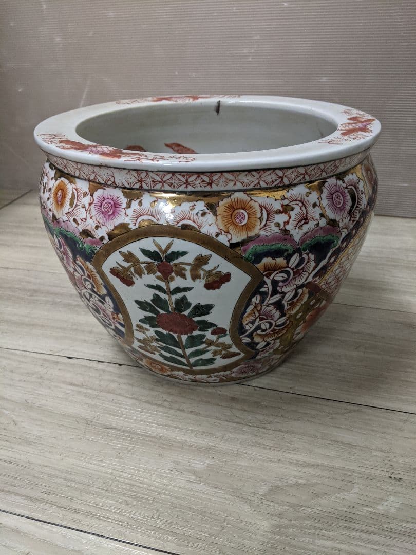 火鉢 金魚鉢 めだか鉢 金彩 花色絵 金魚草文様 アンティーク 時代物